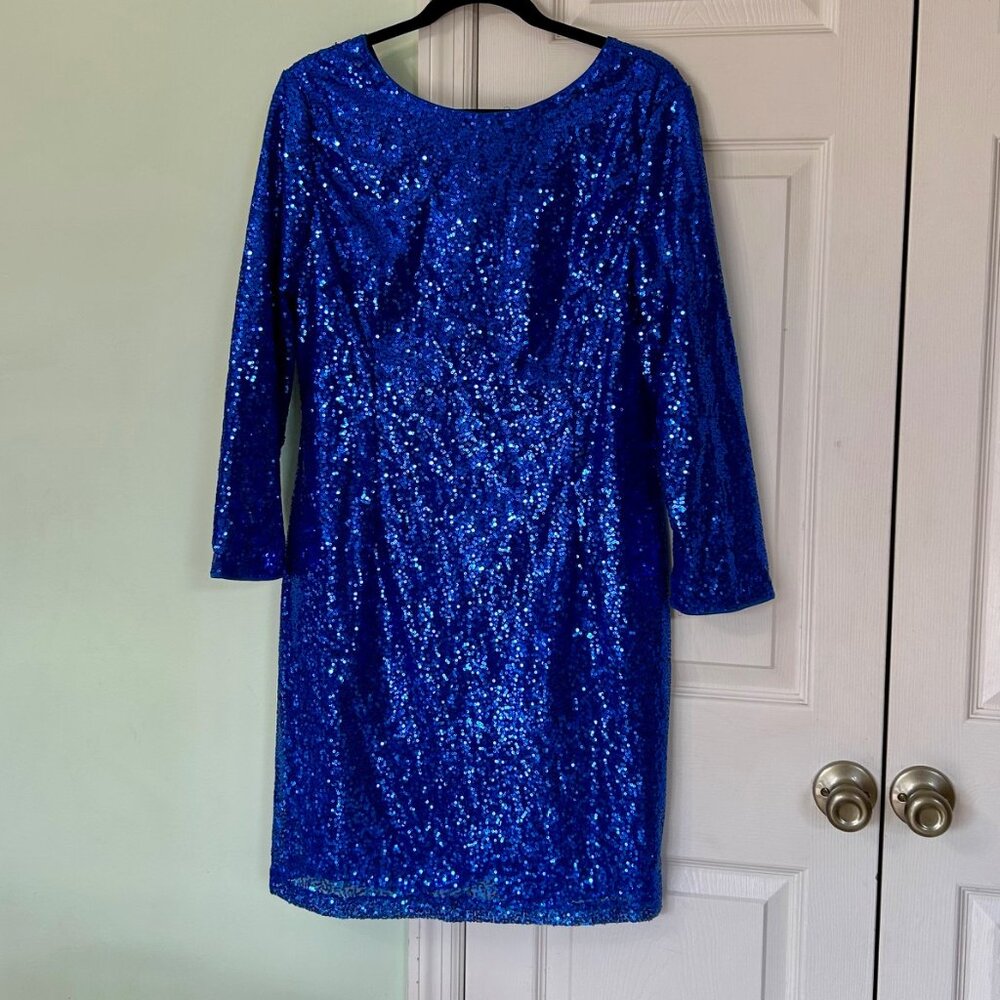 Royal Blue Sequin Bodycon Dress | V-Neck | Long Sleeve | Cocktail Party